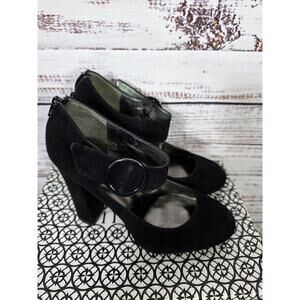 N by Nicole Miller Keisha Black Faux Suede Leather Ankle strap chunky Heels 8.5